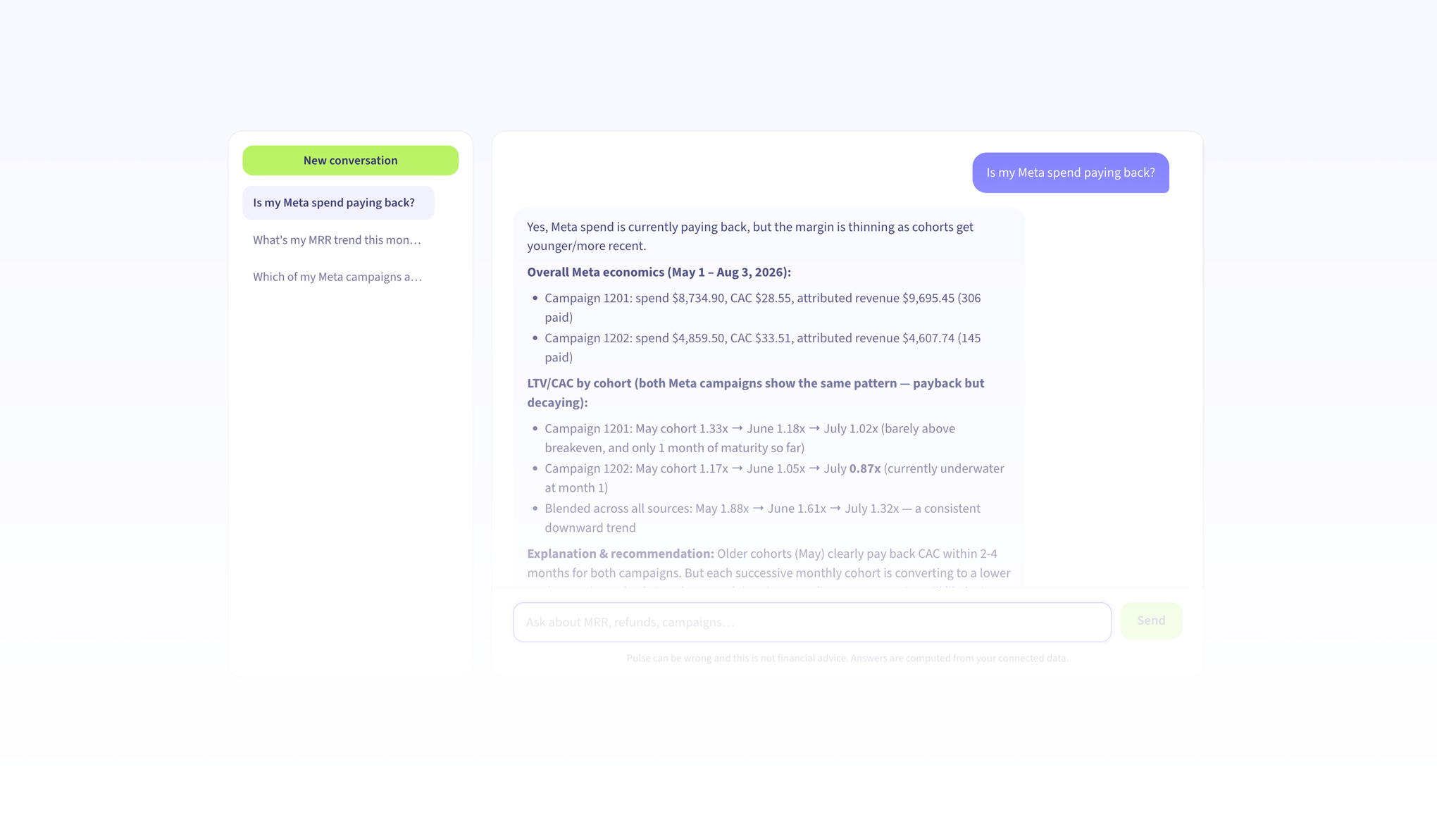 Pulse chat answering 'Is my Meta spend paying back?' with per-campaign economics and a recommendation
